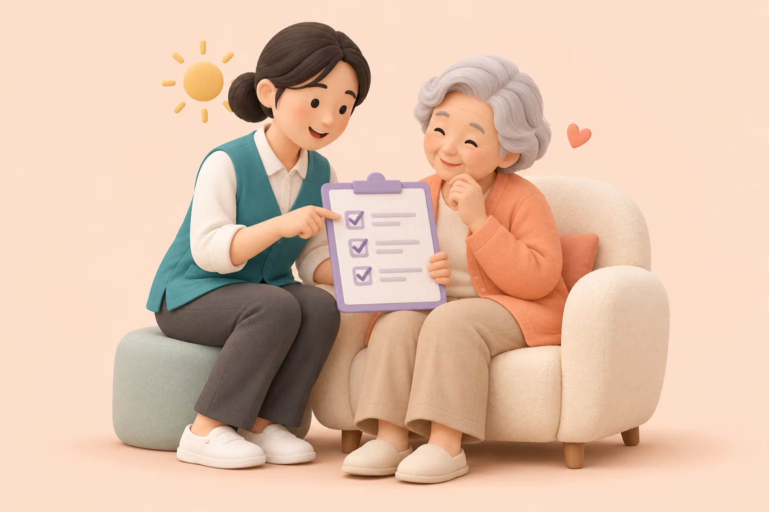 가족요양센터 상담 때 무엇을 물어볼까요?를 표현한 일러스트